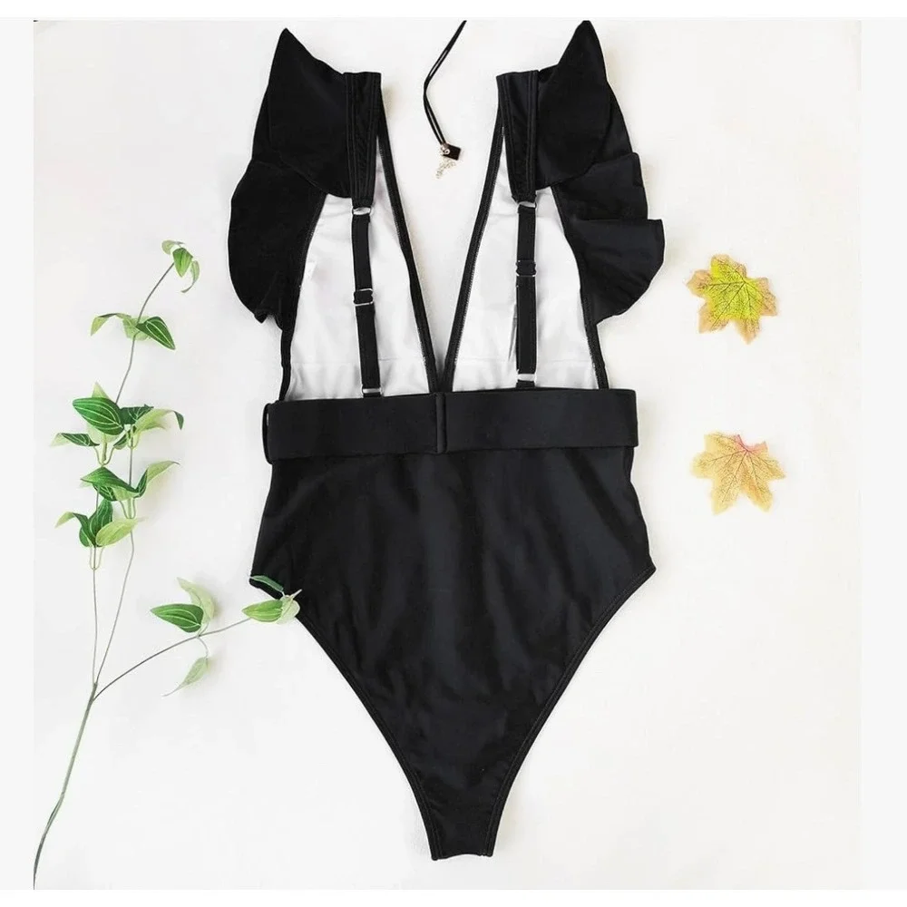Avanova Black Ruffle One Piece Swimsuit‎ Deep V Neck Belted Bathing Suit M